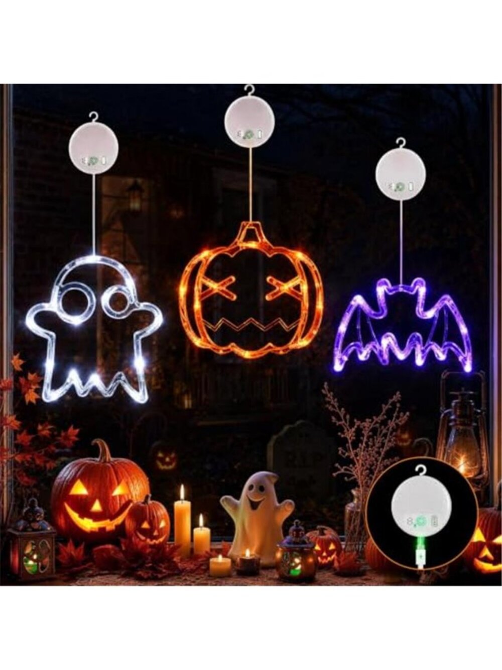 Halloween Decorations, Rechargeable Halloween Window Lights, 3 Pack